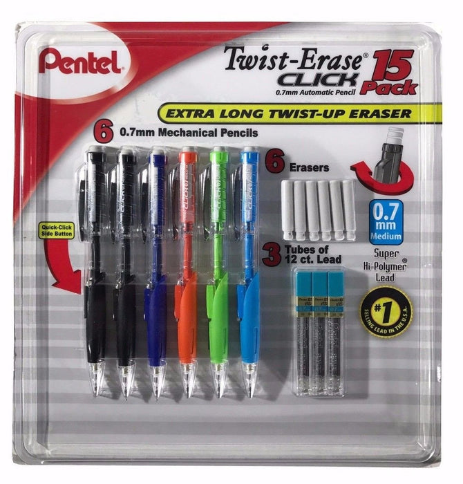 15 Pack Pentel Twist Erase Click Mechanical Pencil 0.7mm Automatic Pencils