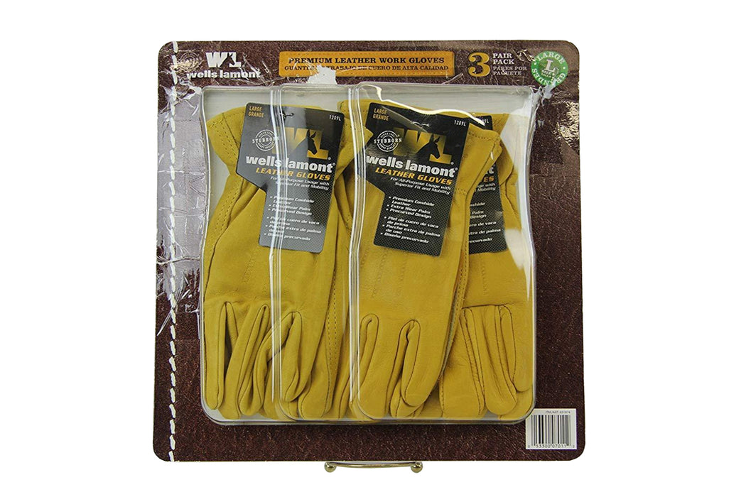 Wells Lamont Premium Cowhide Leather Work Gloves 3 Pair Pack - Large