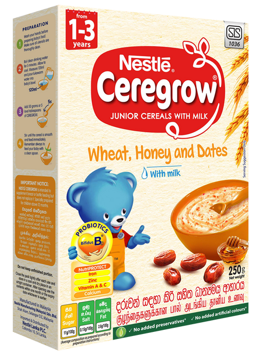Nestlé CEREGROW Junior Cereal with Milk Wheat, Honey &amp; Dates with Milk from 1-3 years, 250g Bag in Box Pack
