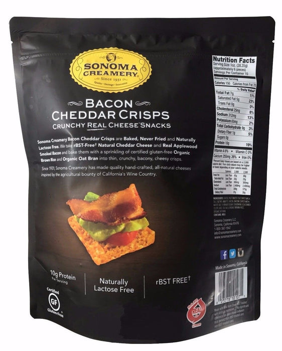 Sonoma Creamery Bacon Cheddar Crisps Crunchy Real Cheese Snacks 10 OZ