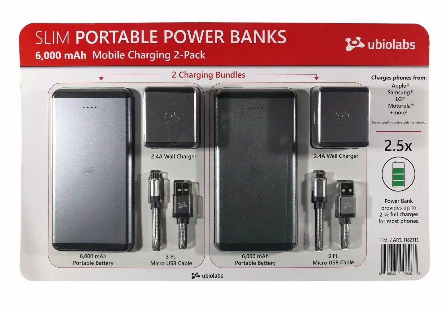 Ubiolabs Slim Portable Power Banks 6,000 mAh Mobile Charging 2-Pack