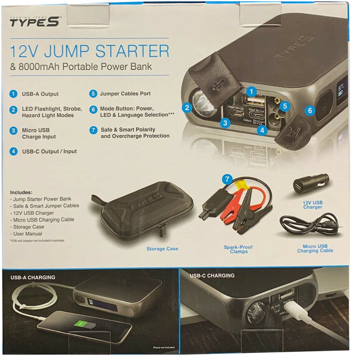Type S 12V Jump Starter & 8000mAh Portable Power Bank