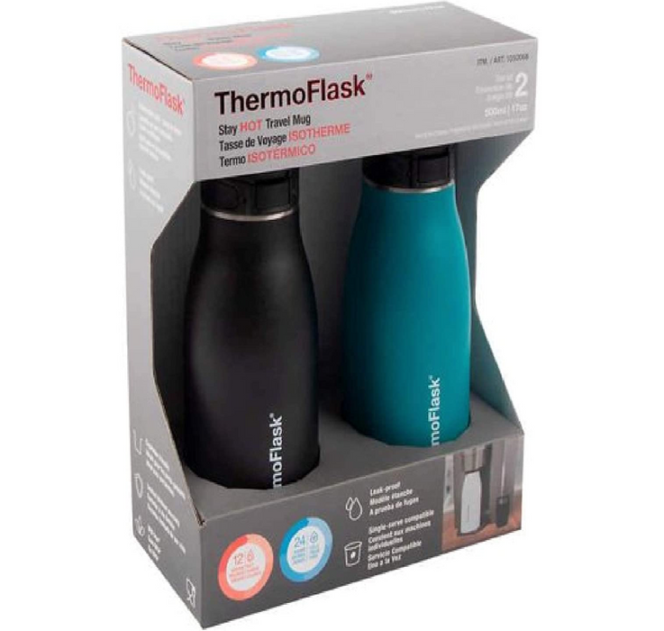 ThermoFlask, Hot Cold Thermal Travel Mug Leak Proof Flip Top 2 Pack