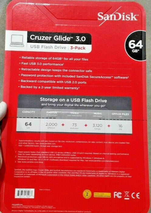Sandisk Cruzer Glide 3.0 USB Flash Drive 64GB - 3 Pack