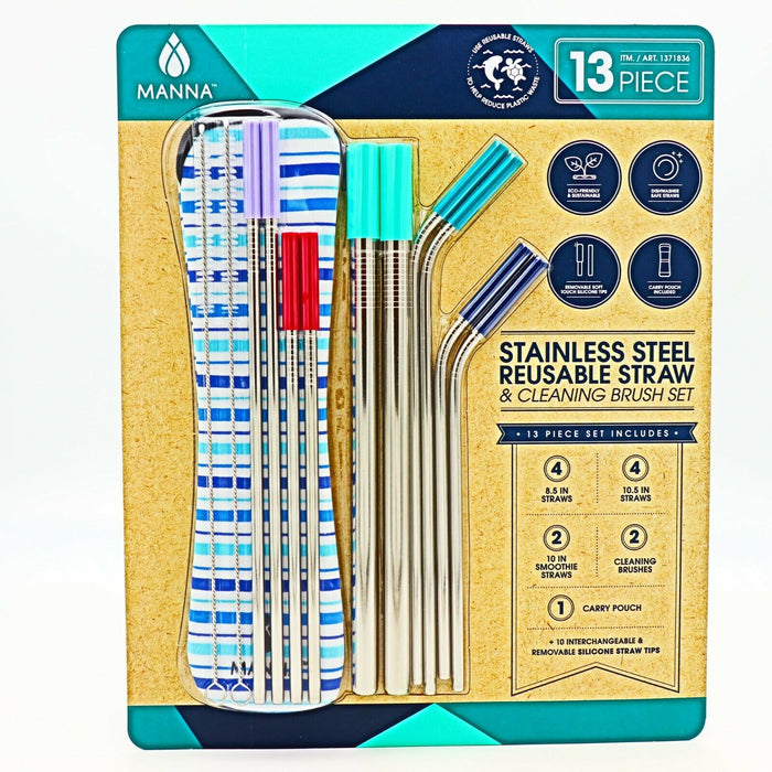Manna Stainless Steel Reusable Straw & Cleaning Brush - 13 Piece Set